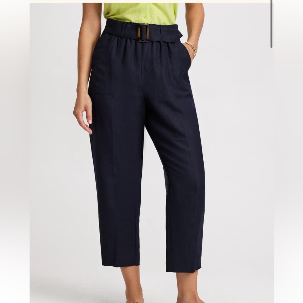 Laura Linen blend belted capri pants summer marine blue